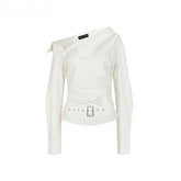 Off-Shoulder Pleated Waist Belt Short Shirt - CHINASQUAD