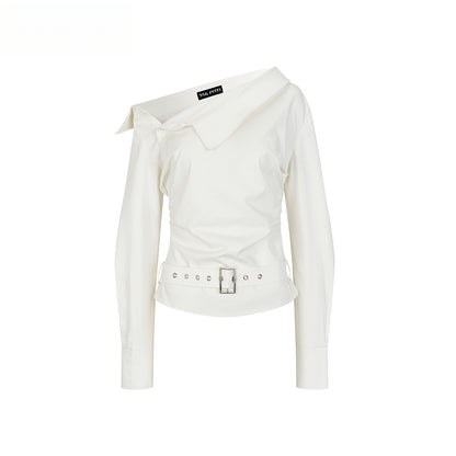 Off-Shoulder Pleated Waist Belt Short Shirt - CHINASQUAD
