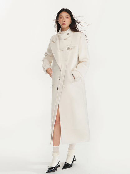 Cream Double-Breasted Leather Strap Wool Coat