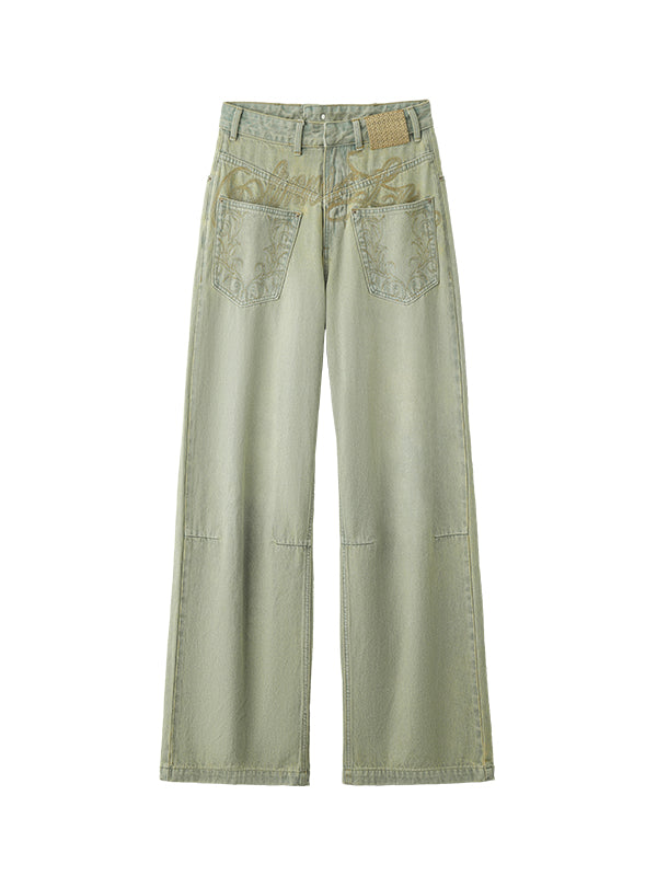 Washed Denim Wide-Leg Pants