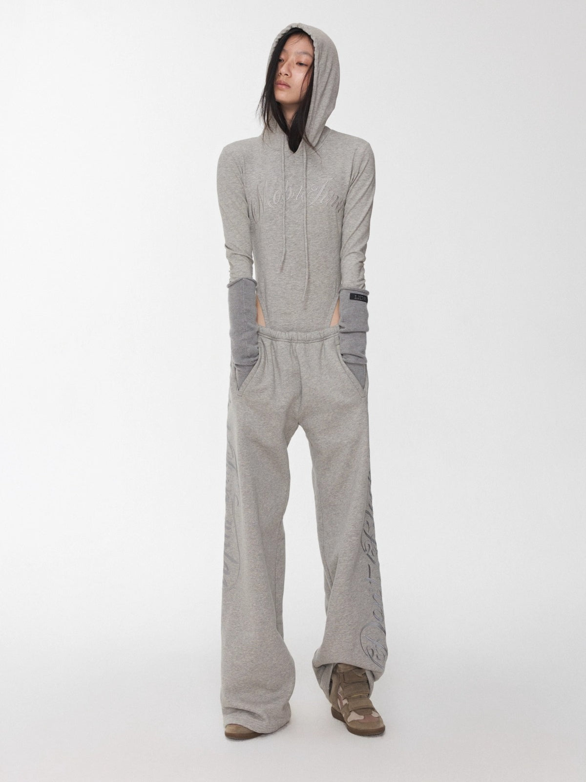 Embroidered Letter Drawstring Hooded Jumpsuit