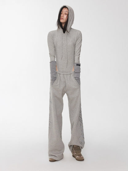 Embroidered Letter Drawstring Hooded Jumpsuit
