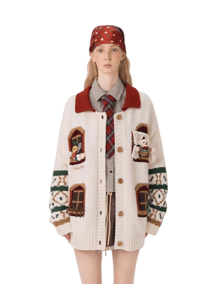 Window-View Pattern Retro Knit Cardigan
