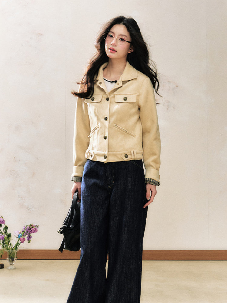 Khaki Suede Korean-Style Short Jacket