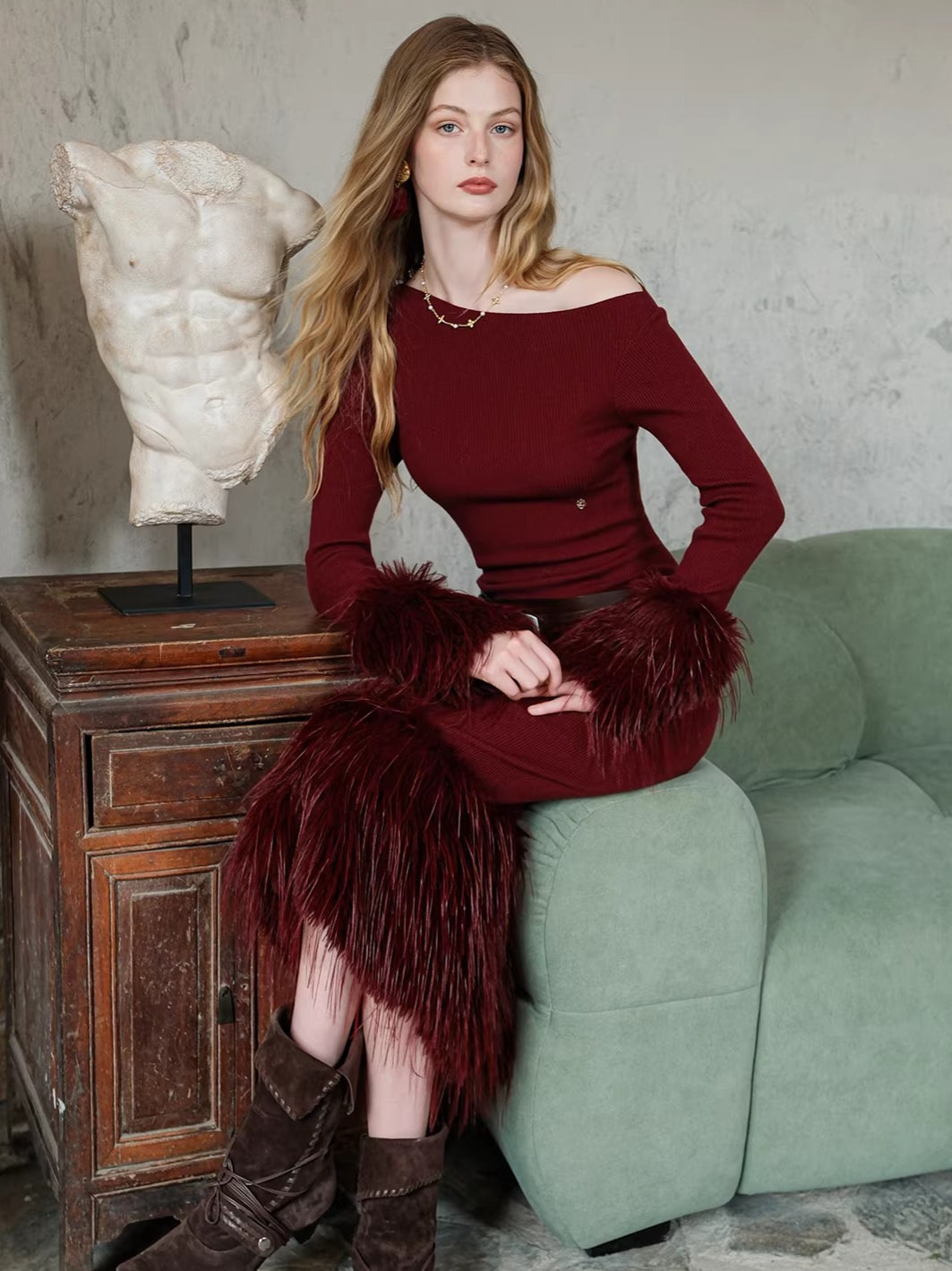 Vintage Off-Shoulder Knit Maxi Dress