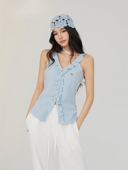 V-neck Lace Ruffled Vest - CHINASQUAD