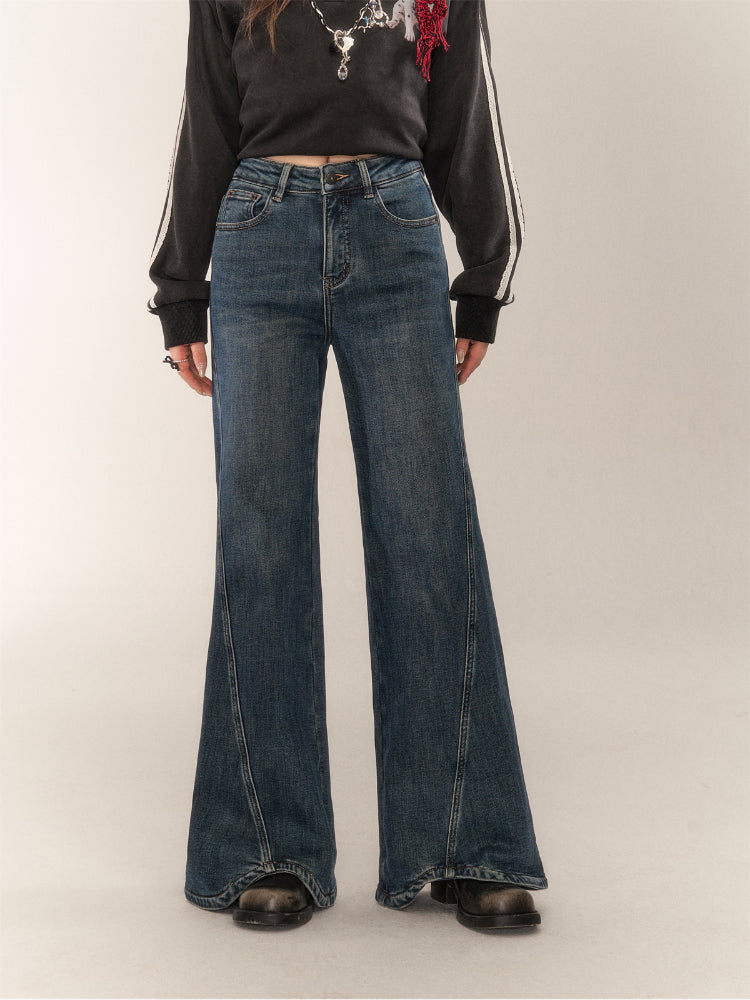 Wavy Hem Bell-bottom Straight-Leg Jeans