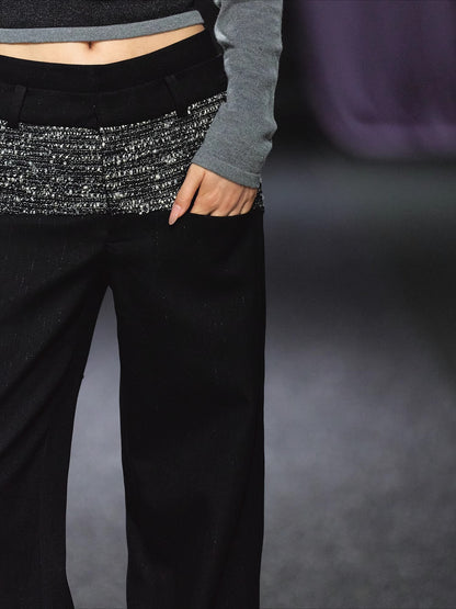 Contrast Waistband Tweed-Panel Straight Pants