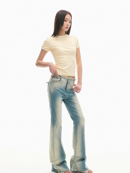 Heavy Washed High-Stretch Flared Jeans