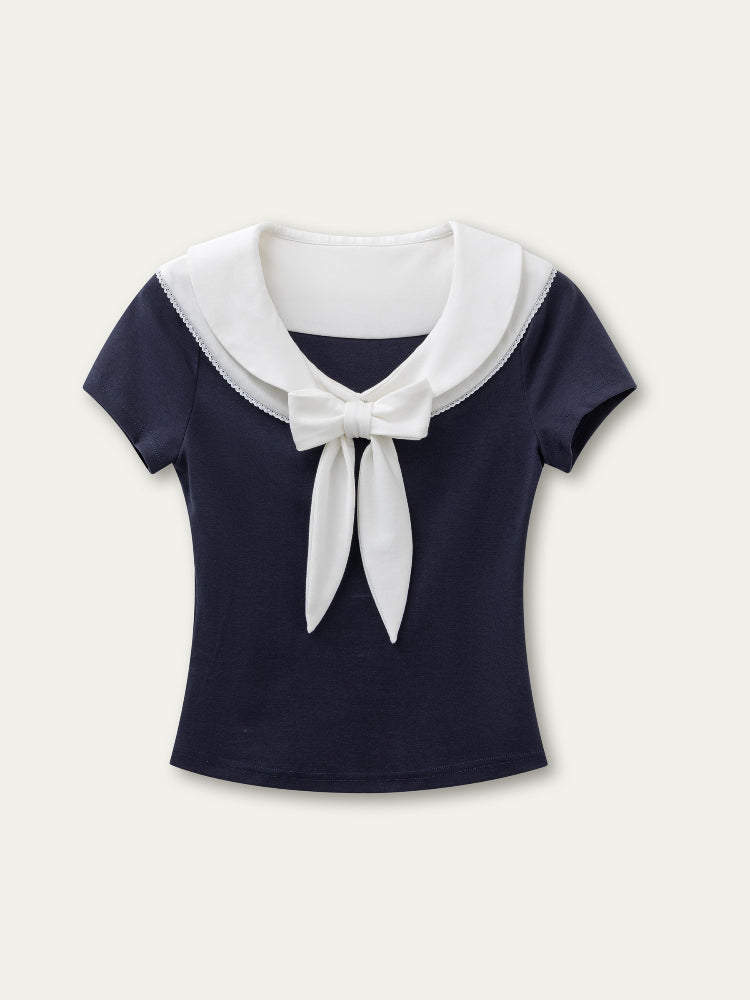 Bow-neck Contrast-color Skin Friendly Cotton T-shirt - CHINASQUAD