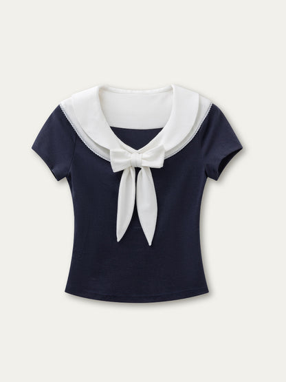 Bow-neck Contrast-color Skin Friendly Cotton T-shirt - CHINASQUAD