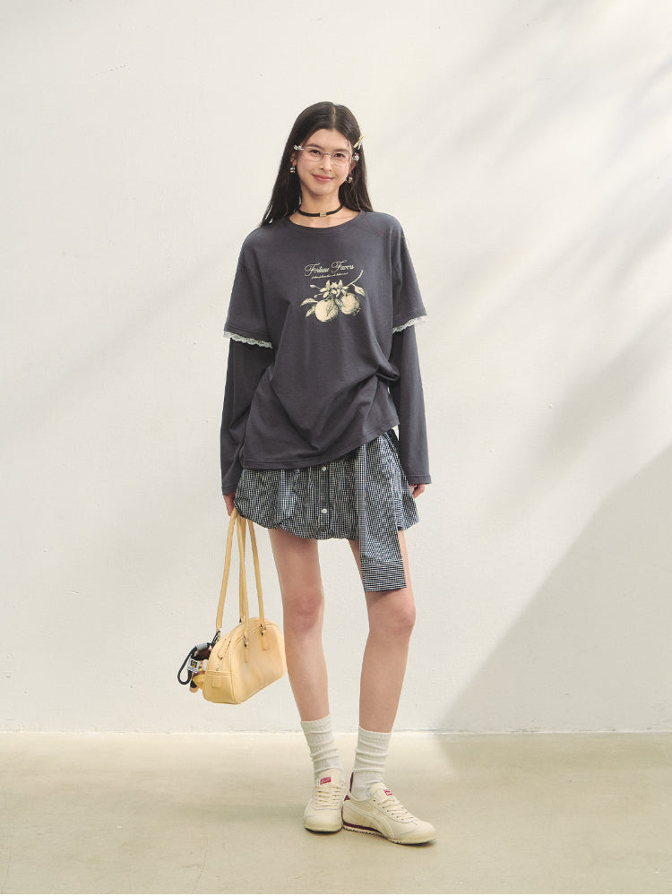 Printed Fake Two Piece Lace Panel Long Sleeve T-hirt