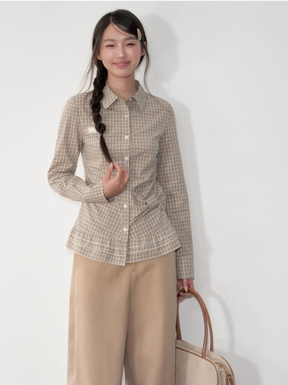 Retro Checkered Bow-Trimmed Shirt