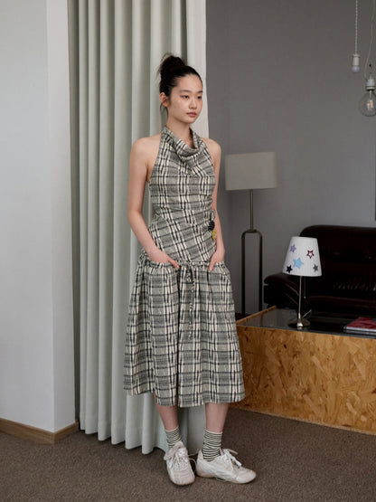 Plaid Halter Neck Backless Tank Top &amp; Midi Skirt Set - CHINASQUAD