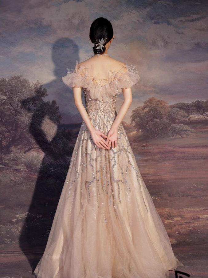 Feathered Scarlet Embellished Off-Shoulder Gown