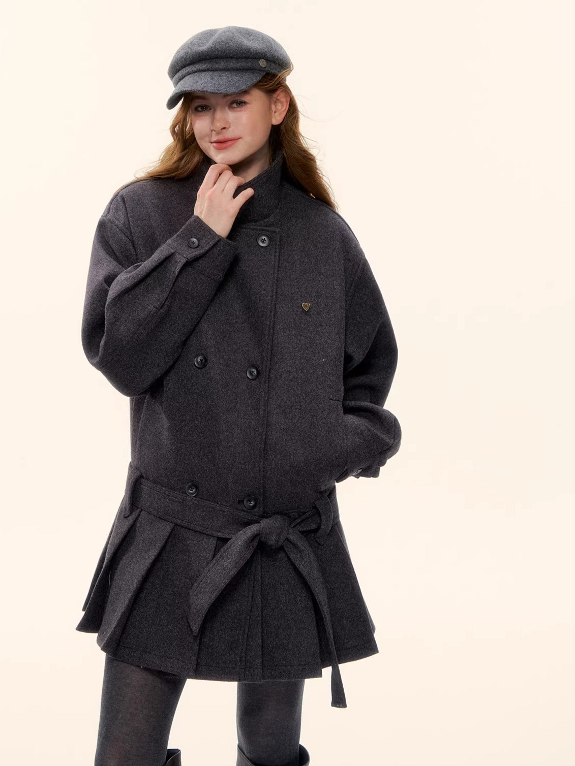 Pleated-Edge Down Wool-Blend Coat