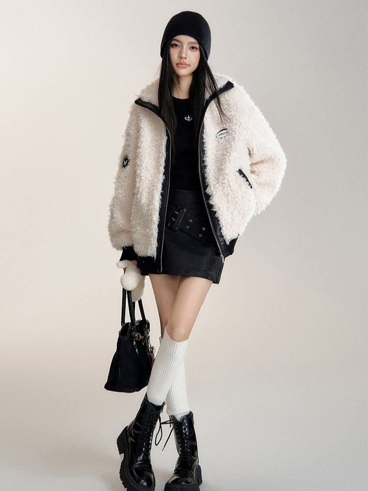 Contrast Faux Leather Fur-Lined Coat