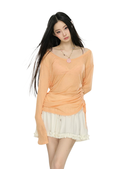 Sheer Textured Knit Open-Back Cover-Up Top