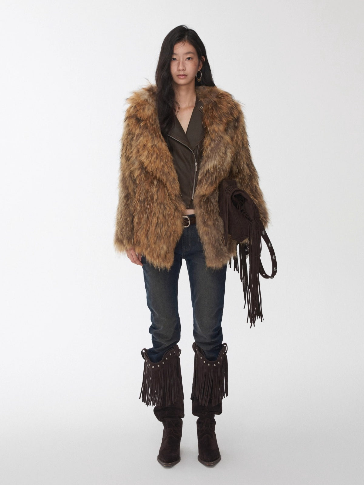 Raccoon Fur Oversized Lapel Woven Coat