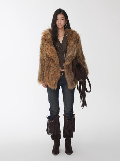 Raccoon Fur Oversized Lapel Woven Coat
