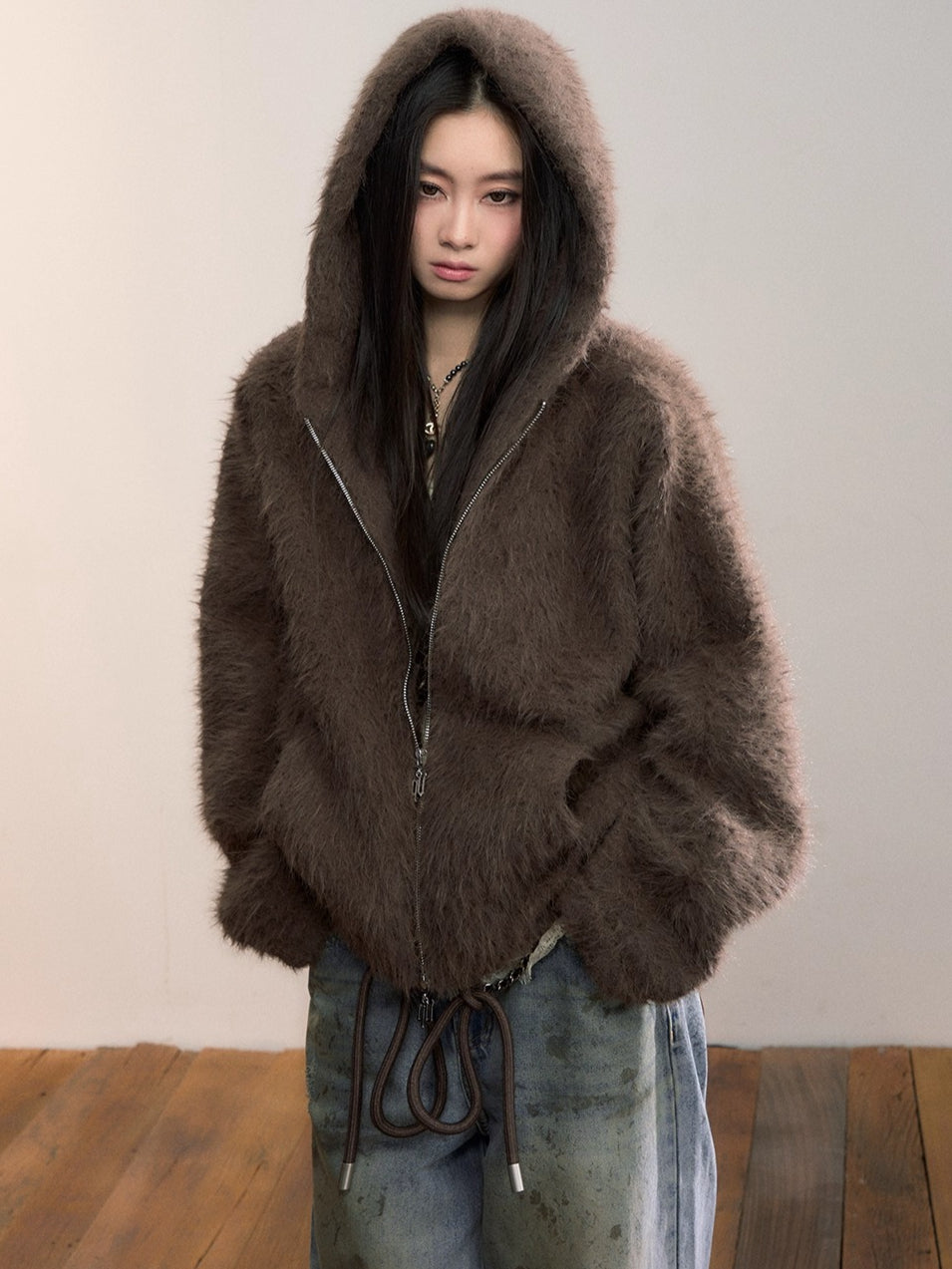Fuzzy Hooded Plush Sweatshirt Jacket