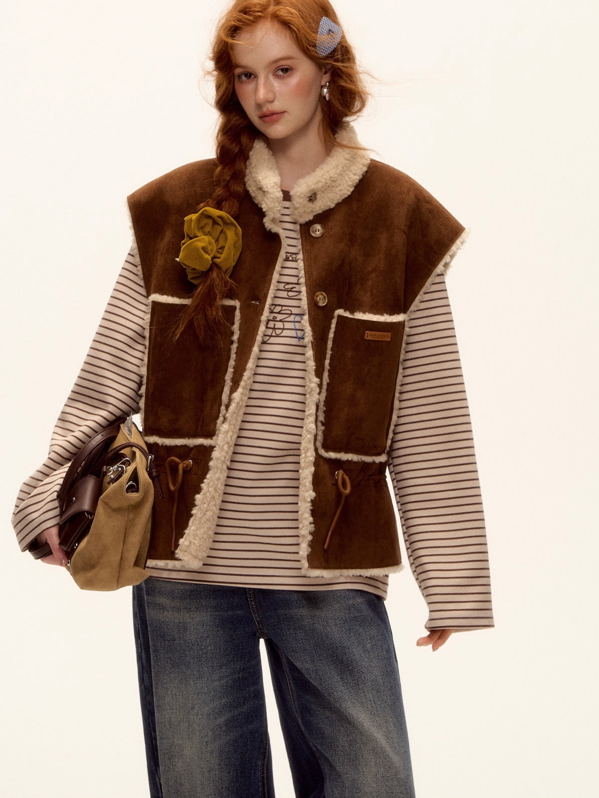 Reversible Faux Shearling Suede Drawstring Vest