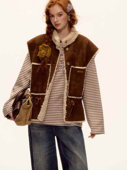 Reversible Faux Shearling Suede Drawstring Vest
