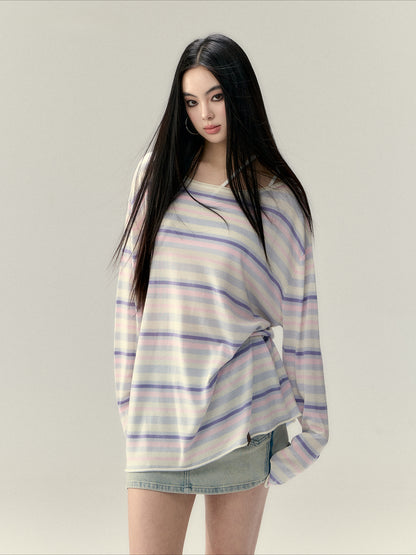 Colorful Striped Woolen Acetate T-shirt