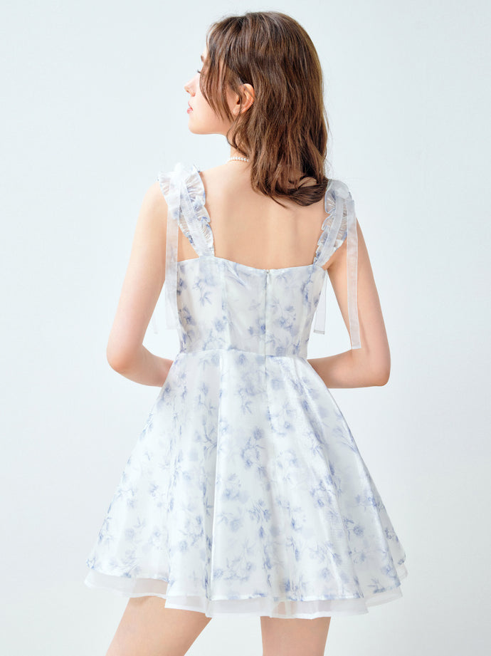 Blue Floral Ruffle Strap Dress