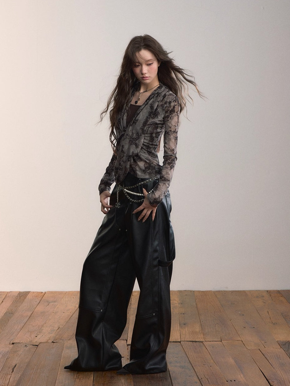 Sheer Lace Draped Crossover Blouse