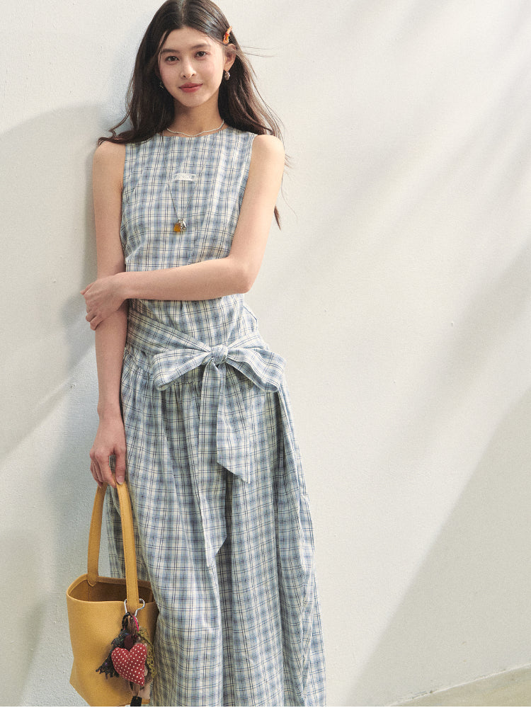 Belted Waist Checked Vest Dress - CHINASQUAD