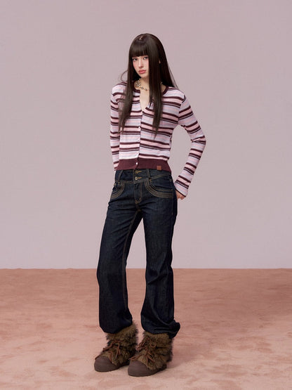 Contrast Striped Wool-Blend Knit Cardigan