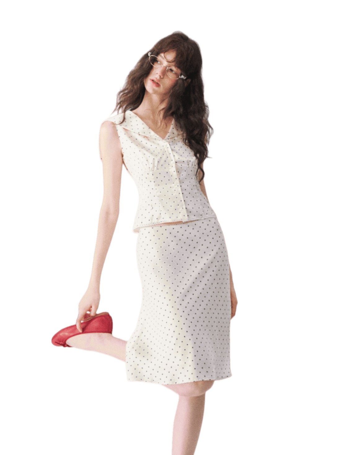 Collar Cinched Top &amp; French A-line Midi Skirt Set