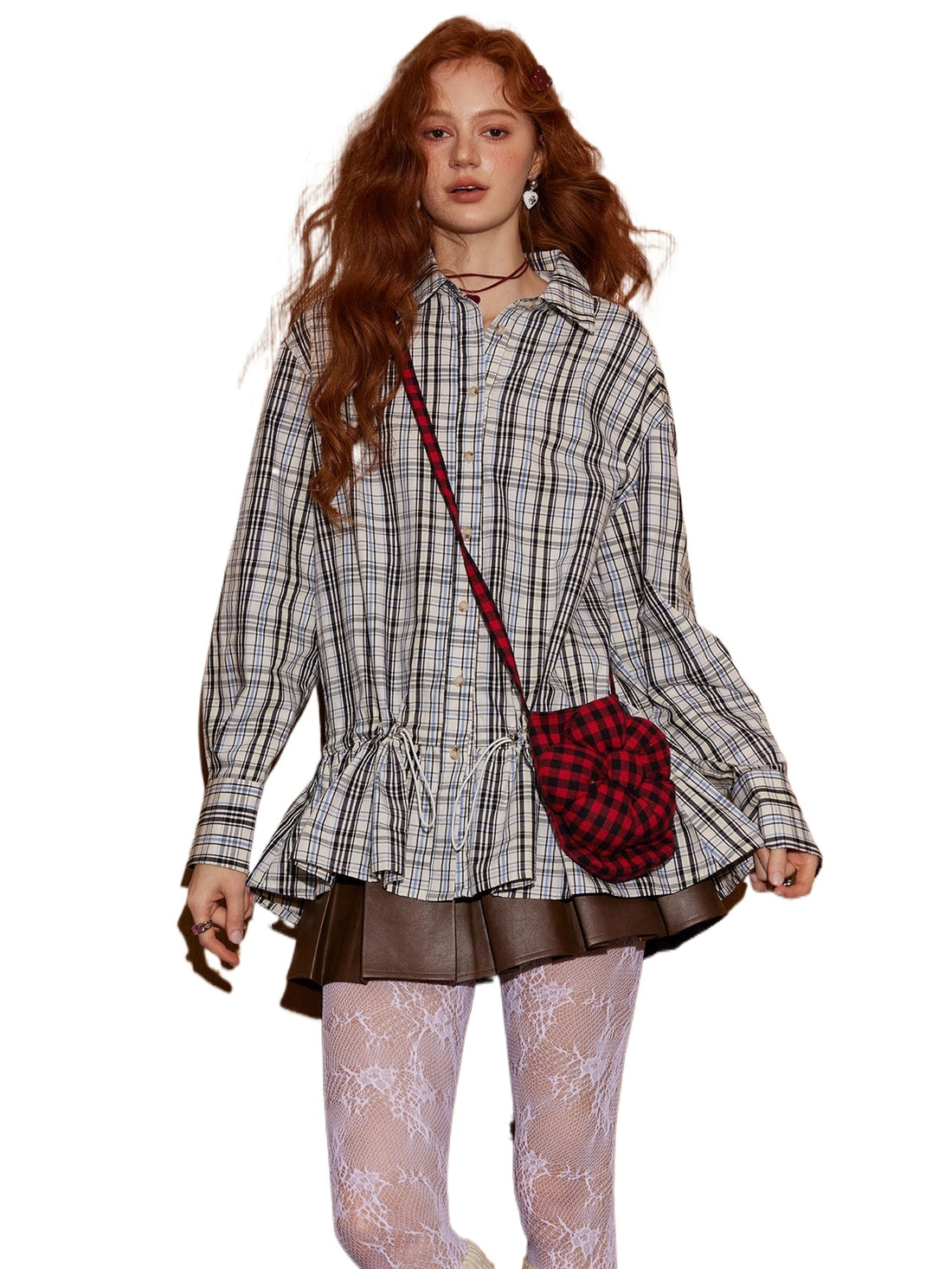 Plaid Panel Button-Down Long Shirt Dress - CHINASQUAD