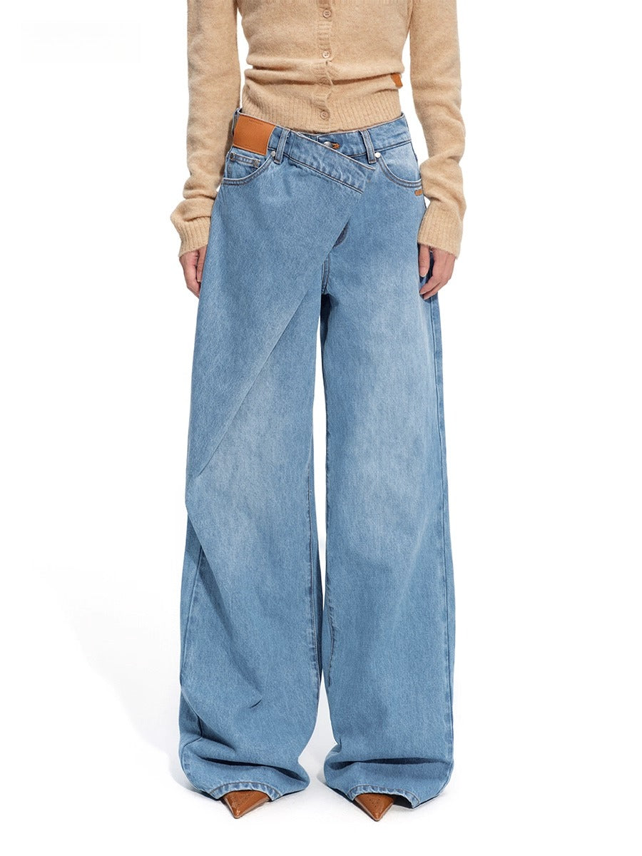 Sailor-Inspired Washed Twill Denim Low-Rise Straight Jeans