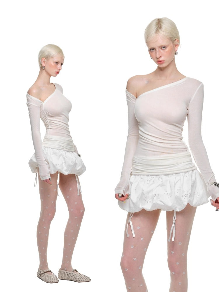 Hollow-out Lace Bubble Mini Skirt