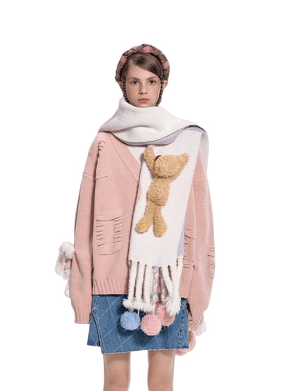 Jacquard Pom-Pom Knit Shawl Scarf