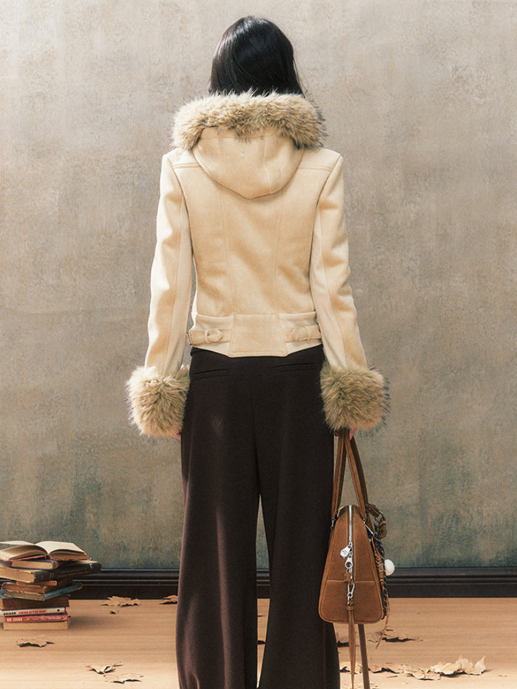 Two-Tone Hooded Fur Collar Shearling Coat