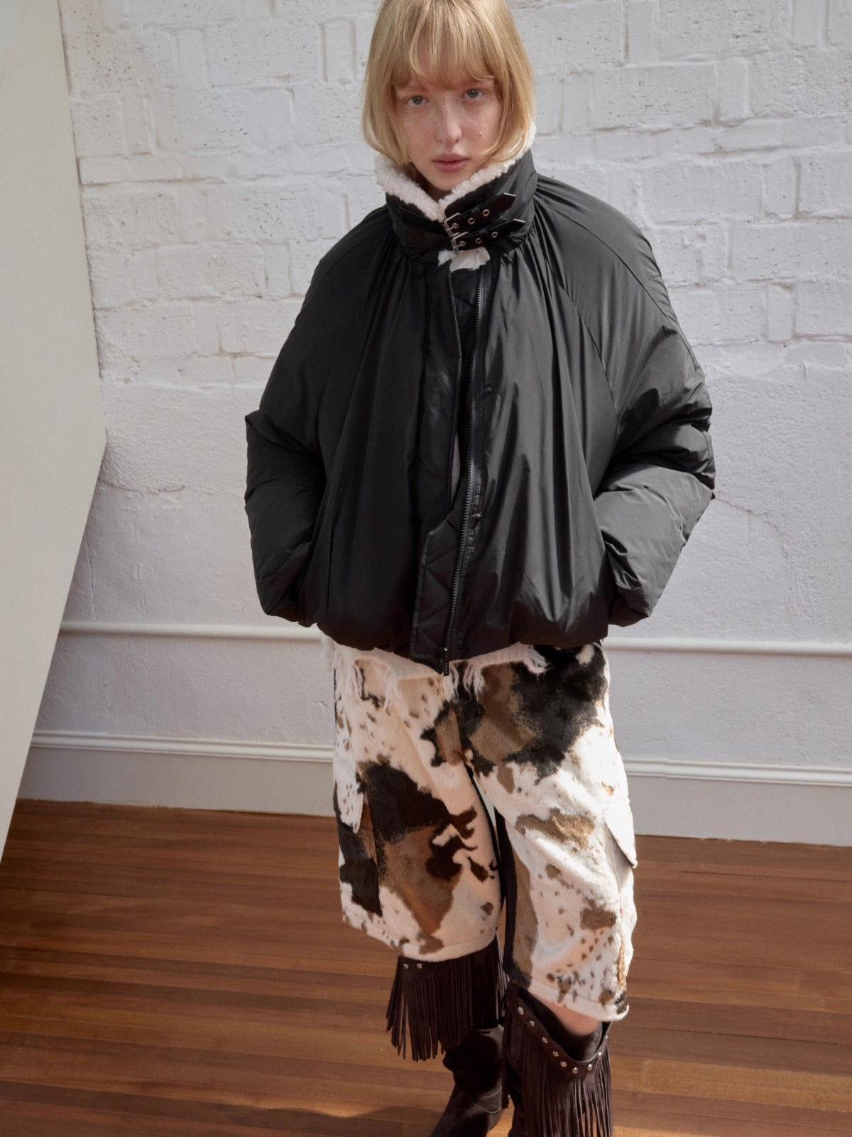 Belted Pleated Cocoon Down Jacket