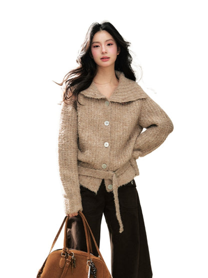 Two-Tone Design Collar Loose Top Cardigan Sweater