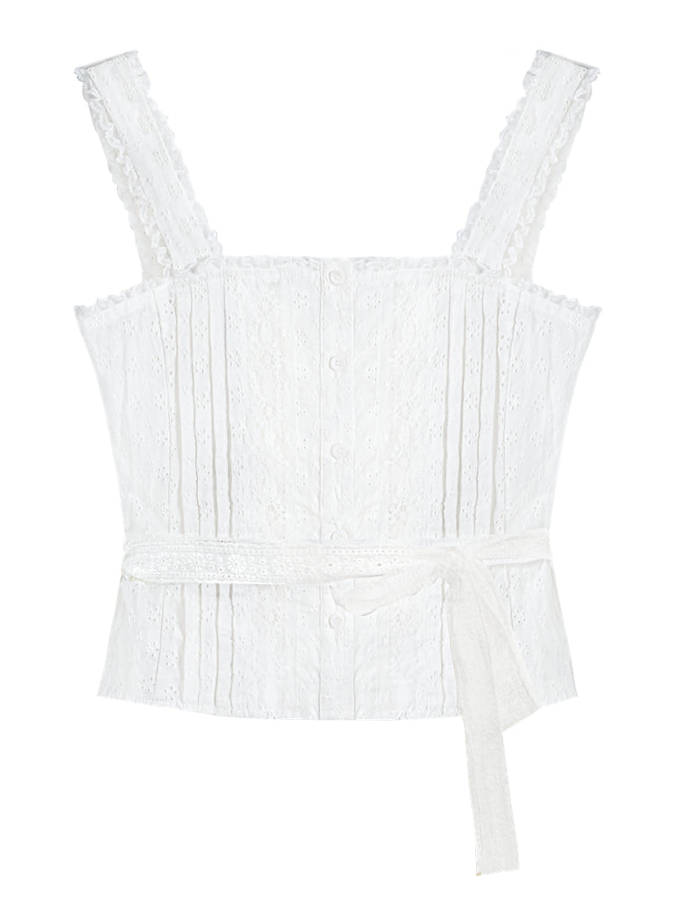 Hollow-out Lace-spliced Tie-up Vest