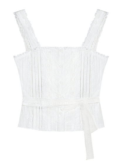 Hollow-out Lace-spliced Tie-up Vest