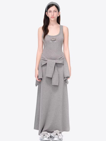 Waist-Tie Cardigan Two-Piece Long Dress Set