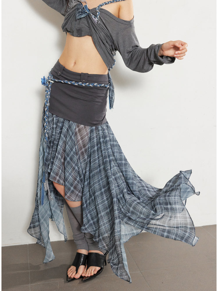 Checkered Mesh Spliced Midi Skirt