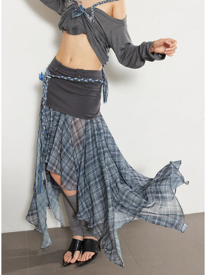 Checkered Mesh Spliced Midi Skirt