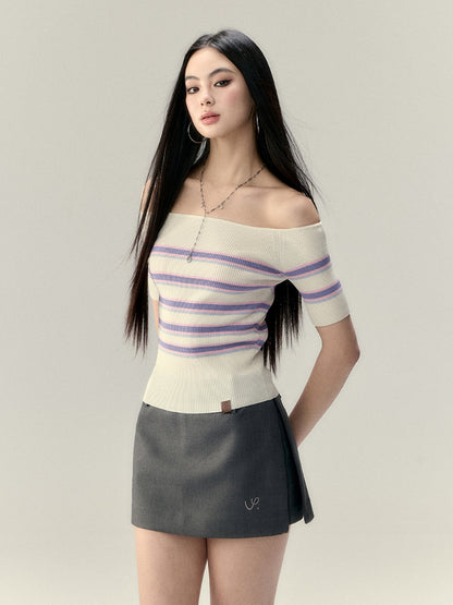 Striped Off-Shoulder Knit Short-Sleeve T-shirt