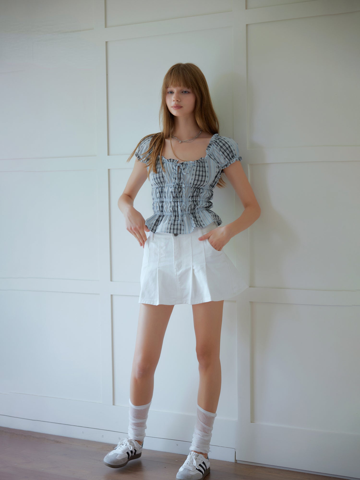 Blue Gingham Bubble Sleeve T-shirt