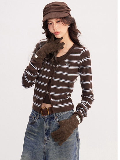 Layered-Effect Striped Knit V-Neck