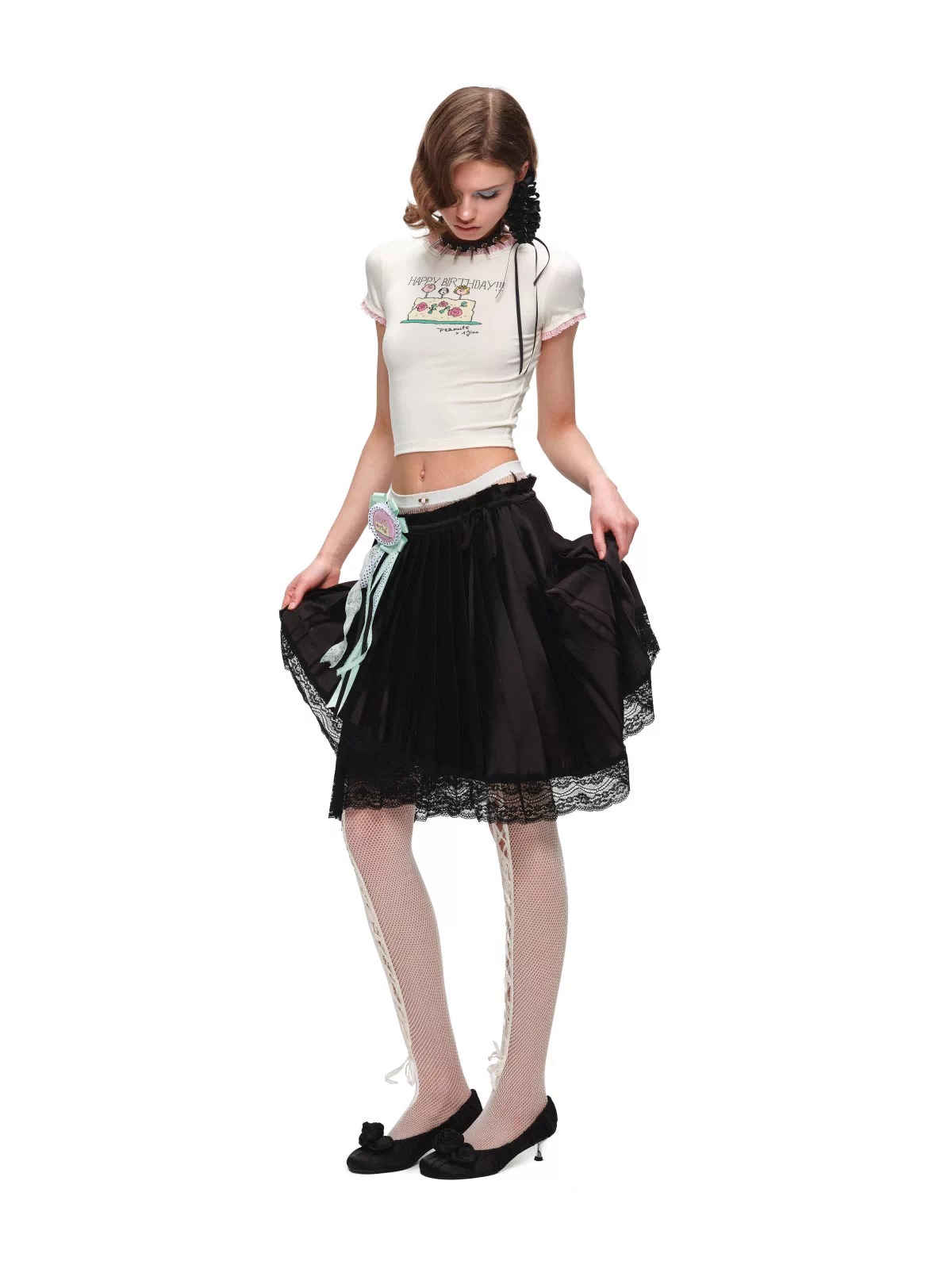 Snoopy Collaboration Lace-Trim Fitted Graphic T-Shirt