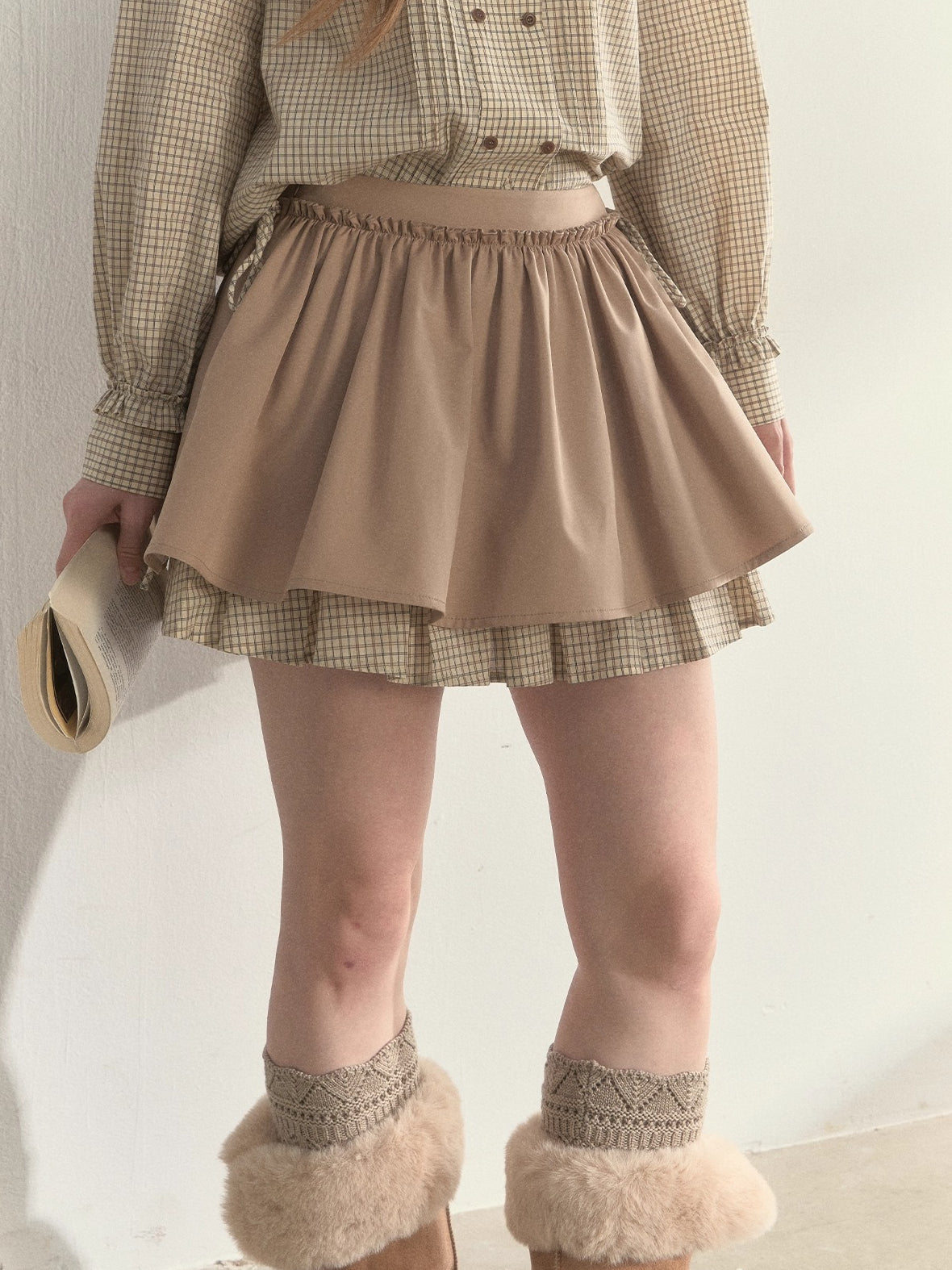 Retro Khaki Double-Layer Pleated Skirt